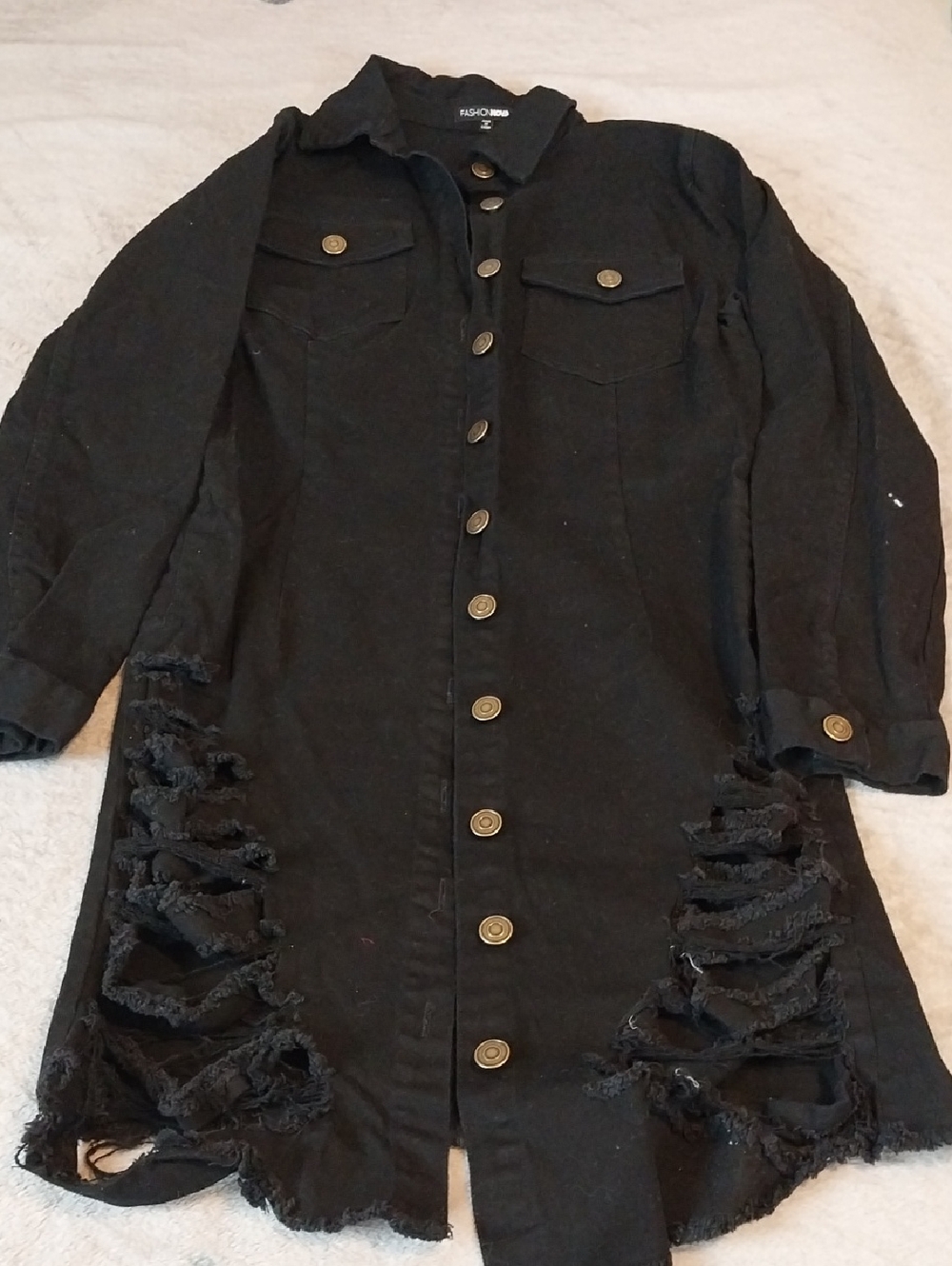 Fashion Nova Black Distressed Button-Front Long Jacket